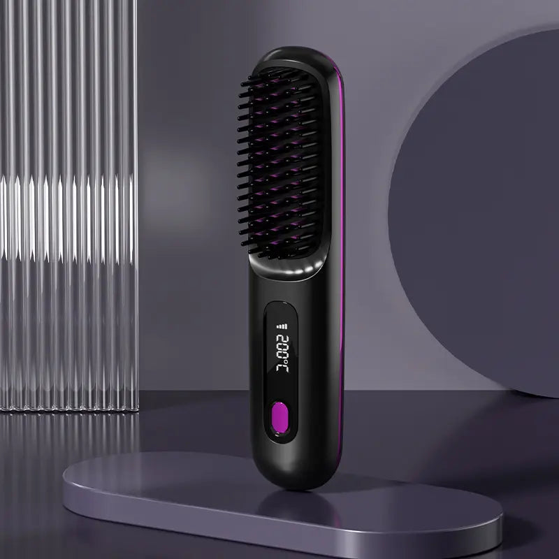 Portable Wireless Hair Straightener Comb | USB Charging, 3-Speed Temperature Control, Negative Ion Technology, Long-Lasting Luster, LED Display, Lightweight, Perfect for Travel, Includes Comb and Clip.