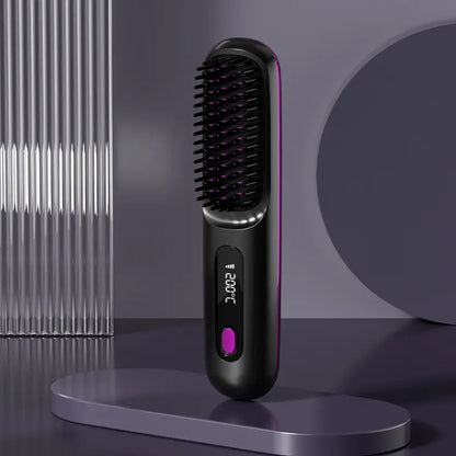 Portable Wireless Hair Straightener Comb | USB Charging, 3-Speed Temperature Control, Negative Ion Technology, Long-Lasting Luster, LED Display, Lightweight, Perfect for Travel, Includes Comb and Clip.