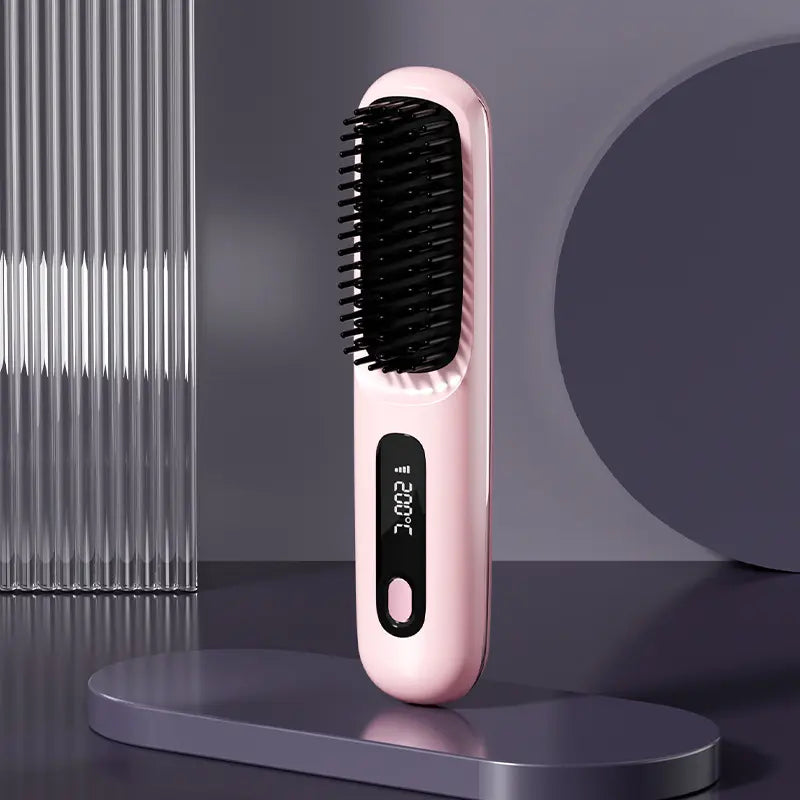 Portable Wireless Hair Straightener Comb | USB Charging, 3-Speed Temperature Control, Negative Ion Technology, Long-Lasting Luster, LED Display, Lightweight, Perfect for Travel, Includes Comb and Clip.
